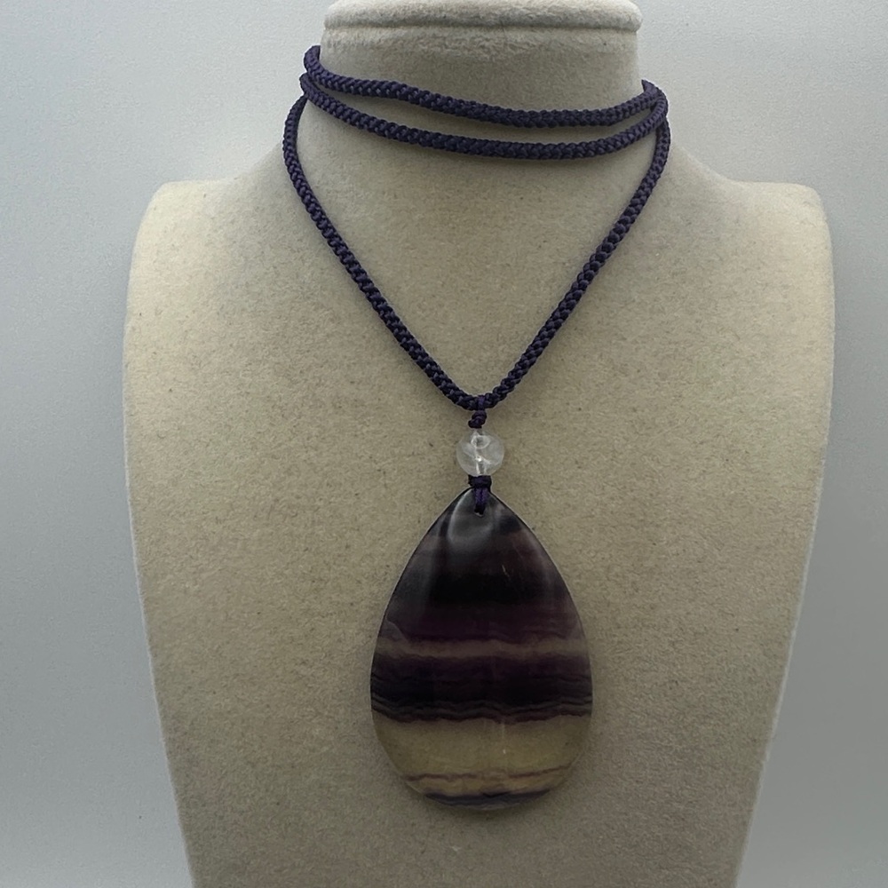 Purple Fluorite Teardrop Pendant Necklace on Purple Adjustable Rope Cord